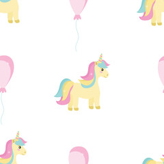 Seamless pattern for a little princess, with a unicorn and balloons. Festive vector background for printing on paper, fabric, packaging. Illustration in delicate pastel colors.
