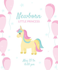 A postcard for a newborn little princess, with a unicorn and balloons. Festive vector illustration in delicate pastel colors.