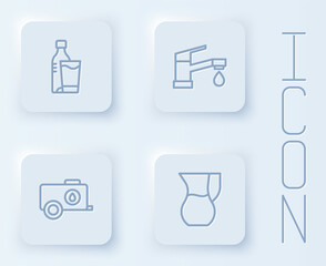 Set line Bottle of water with glass, Water tap, Mobile tank and Jug. White square button. Vector