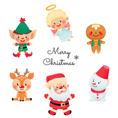 Set of cute Christmas characters. Collection of cartoon winter holiday characters: Santa Claus, an angel, a snowman, a gingerbread man, a deer and a Christmas elf. Merry Christmas greeting card.