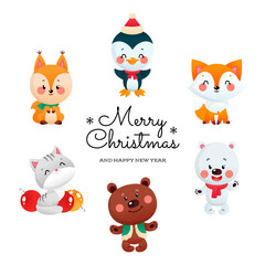 Winter set of little animals. Collection of cute cartoon characters: a fox, a squirrel, a brown bear, a polar bear, a kitten and a penguin. Can be used as a Merry Christmas greeting card.