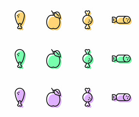 Set line Chicken leg, Plum fruit and Salami sausage icon. Vector