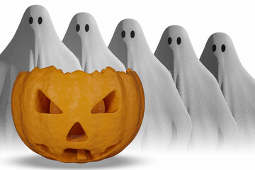 Illustrazione 3D. Halloween. Zucca intagliata e fantasma simbolo ricorrenza festa di Halloween. Ricorrenza in autunno, ottobre. - obrazy, fototapety, plakaty