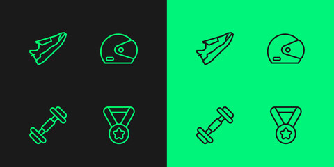 Set line Medal, Dumbbell, Fitness sneakers shoes and Racing helmet icon. Vector