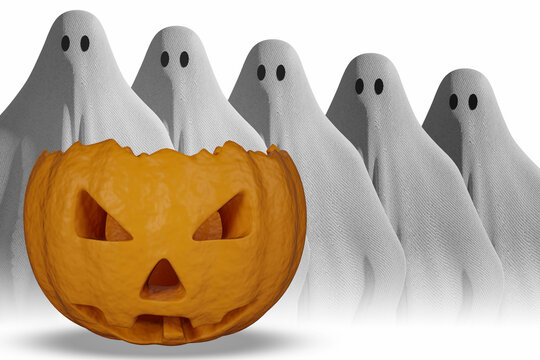 Illustrazione 3D. Halloween. Zucca intagliata e fantasma simbolo ricorrenza festa di Halloween. Ricorrenza in autunno, ottobre.