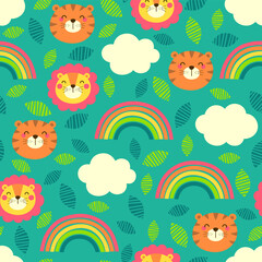 Lion, tiger, rainbow and cloud seamless pattern with leaf background.