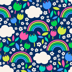 Cute hand drawn floral, rainbow and cloud seamless pattern background.
