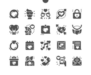 Love is in the Air. Human relationship and lovers. Love letter. Wedding ring. Romantic and heart lock. Vector Solid Icons. Simple Pictogram