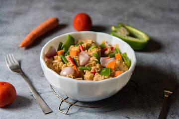 Close up of Stir fry chicken and vegetables in a bowl. Selective focus.