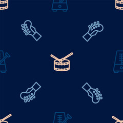 Set line Metronome with pendulum, Guitar neck and Drum drum sticks on seamless pattern. Vector