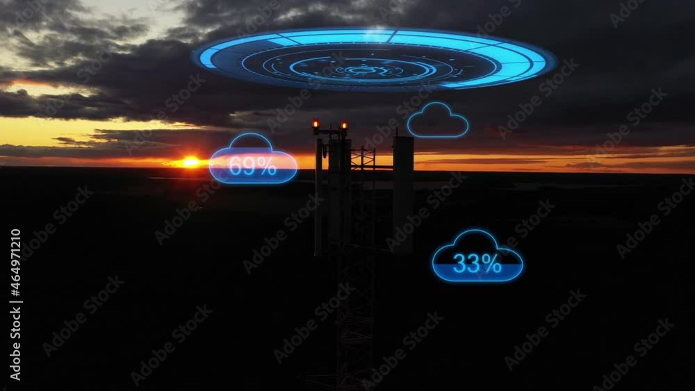 Poster transmission tower connecting and uploading data to cloud sunset - 3d animation