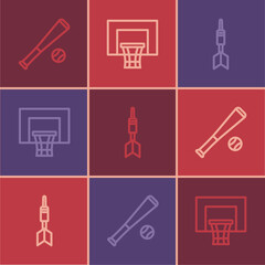 Set line Baseball bat with ball, Dart arrow and Basketball backboard icon. Vector