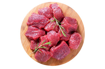 fresh chopped meat with parsley and spices on wooden board isolated on white background
