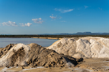 General view of the artisanal salt factory Flor de Sal Des Trenc, a sunny afternoon. Located in the south of the island of Mallorca, Spain