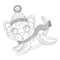 Coloring page of book for kids. Vector cute linear tiger cub, running in winter hat and scarf. Symbol of 2022 new year. Isolated on white background