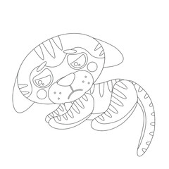Coloring page of book for kids. Vector cute linear sad tiger cub. Symbol of 2022 new year. Isolated on white background