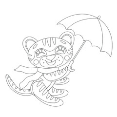 Coloring page of book for kids. Vector cute linear tiger cub, in autumn scarf, with umbrella. Symbol of 2022 new year. Isolated on white background