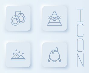 Set line Handcuffs, All-seeing eye of God, Magic powder and Witch cauldron. White square button. Vector