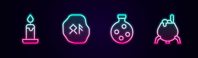 Fototapeta na wymiar Set line Burning candle, Magic runes, Bottle with potion and Witch cauldron. Glowing neon icon. Vector