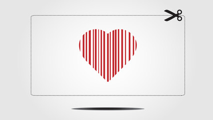 Coupon with bar codes or voucher code with scissors and red heart