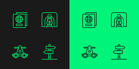 Set line Road traffic sign, Handcar transportation, Passport and Train in railway tunnel icon. Vector