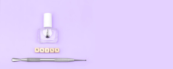 Top view on manicure equipment set. Female nails care equipment. Manicure and pedicure equipment on...