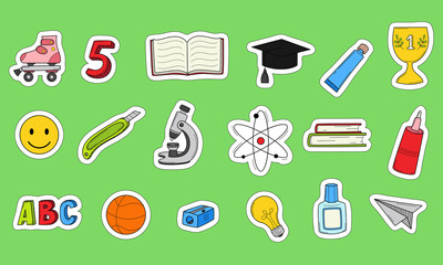 School stickers with a white outline. Printable scrapbooking sticker set. Collection of school stationery items in doodle style. Hand colored elements