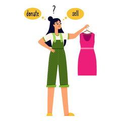 A young girl with dark hair is holding a pink dress in her hands and is thinking of donating it or selling it.The theme of reasonable consumption, cluttering, sorting clothes.Flat vector illustration.