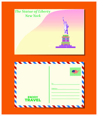 postcard and envelope. USA. NEW York. The Statue of Liberty. A map of America in the form of a country's flag. Vector illustration. 