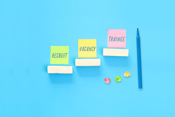 Colored stickers with handwritten words Recruit, Vacancy, Trainee