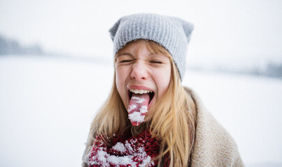 Headshot of happy preteen girl doing grimace and sticking tongue out with snow in winter nature - obrazy, fototapety, plakaty