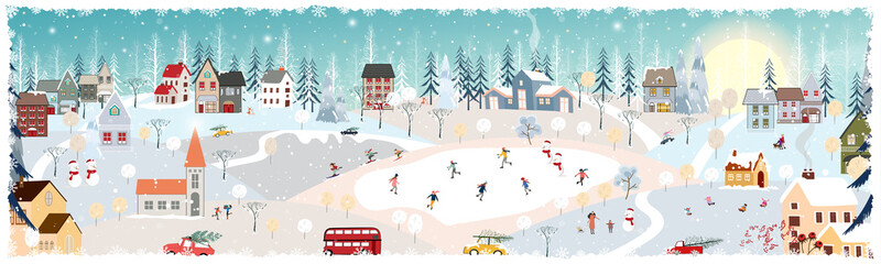 Winter landscape, Celebrating Christmas and new Year 2022 in village at night with happy polar bear playing playing ice skates in the park,Vector of horizontal banner winter wonderland in countryside