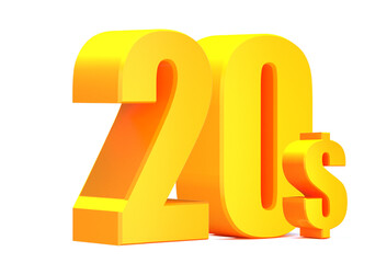 Gold 20 dollar .$ 20 word on white background. 3d illustration
