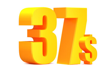 Gold 37 dollar .$ 37 word on white background. 3d illustration