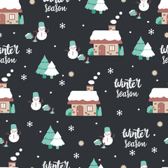 Log cabin and Winter Night Vector Graphic Art Seamless Pattern