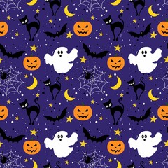 Fototapeta premium Halloween pattern. Bat, moon, broom, cauldron, witch, bones, skull, ghost. Halloween night. Halloween holiday.