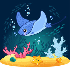 Fish stingray. Drawn cute vector illustration in cartoon style for kids. Coral reef. Underwater world. Sea set - 464974654