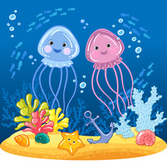 Jellyfish. Drawn cute vector illustration in cartoon style for kids. Coral reef. Underwater world. Sea set