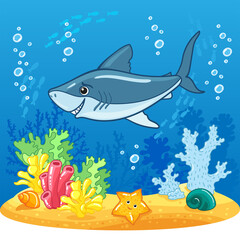Shark. Drawn cute vector illustration in cartoon style for kids. Coral reef. Underwater world.