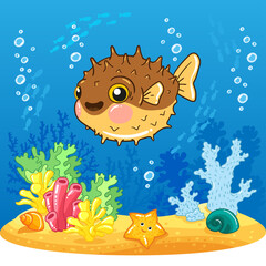 Fish ball. Drawn cute vector illustration in cartoon style for kids. Coral reef. Underwater world. Sea set.