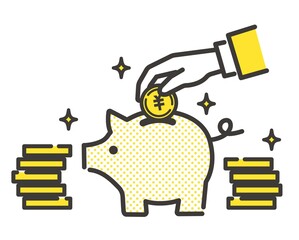 ブタの貯金箱にお金を入れる手のベクターイラスト素材／貯金／お金／貯蓄