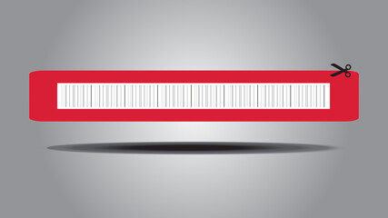 Coupon with long bar codes and scissors on red background