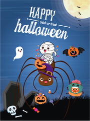 Vintage Halloween poster design with vector spider, mummy, jack o lantern, ghost character. 