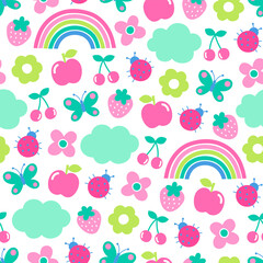 Cute hand drawn floral, fruit, rainbow and cloud seamless pattern background.