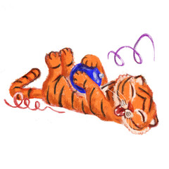 Cute cartoon little orange tiger playing