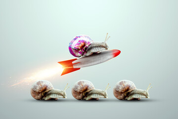 Uniqueness, a multi-colored snail takes off on a rocket against the background of snails. Competitive advantage, standing out from the crowd, thinking outside the box. 3D render, 3D illustration. - obrazy, fototapety, plakaty
