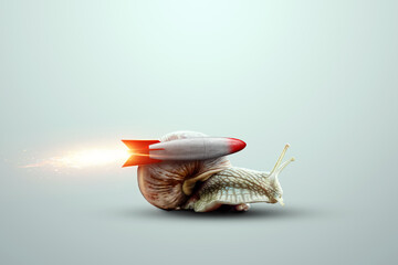 The uniqueness of the creative background, the snail moves on the rocket. Competitive advantage, standing out from the crowd, thinking outside the box. 3D render, 3D illustration. - obrazy, fototapety, plakaty