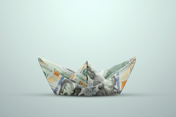 A boat made of dollar banknotes, a boat made of money on a light background. Investment, loan,...