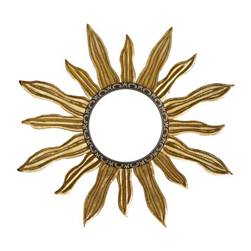 Golden solar frame for paintings, mirrors or photo isolated on white background. Design element with clipping path.