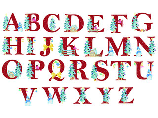 Christmas Alphabet. Illustration for postcards. Print for printing. Design for invitations. Festive drawing.